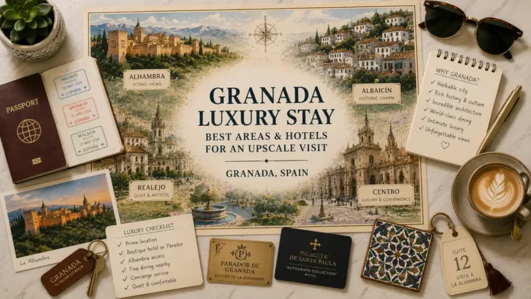 Granada luxury stay flat lay with an illustrated map, passport, Alhambra postcard, hotel key, coffee, and planning notes.