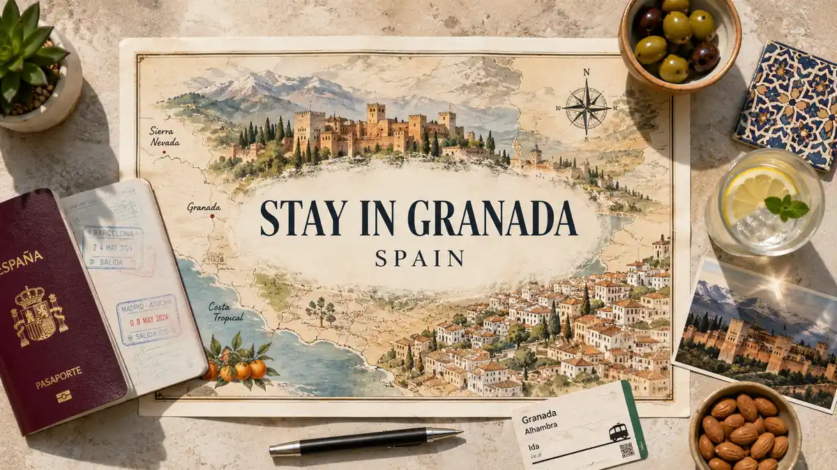 Where to Stay in Granada for Luxury: Best Areas 2 Flat lay travel map of Granada with the Alhambra, passport, tile, olives, and Spain travel props.