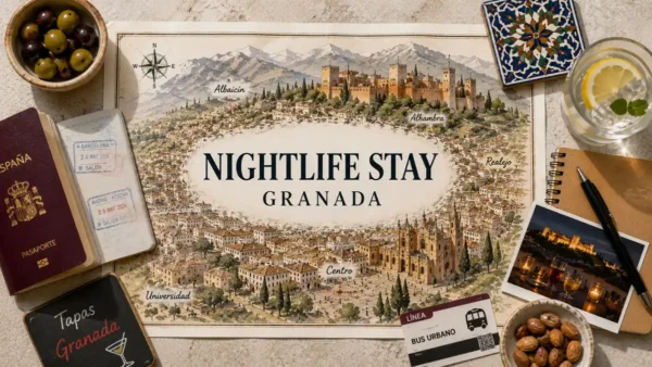 Flat lay travel map of Granada with nightlife stay text, passport, tapas sign, drink, tile, and bar-planning props.