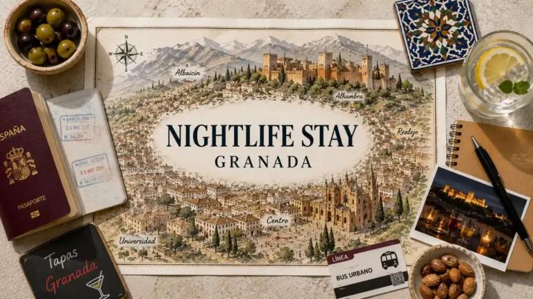 Flat lay travel map of Granada with nightlife stay text, passport, tapas sign, drink, tile, and bar-planning props.