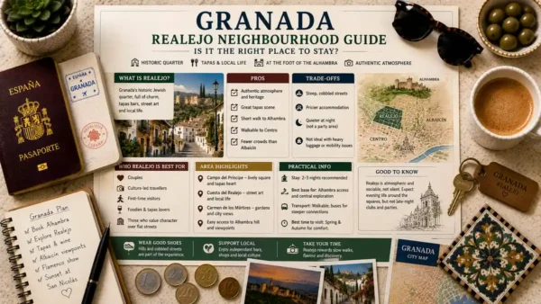 Overhead travel flat lay with a Granada Realejo neighborhood guide poster, passport, room key, coffee, notebook, coins, and city map.