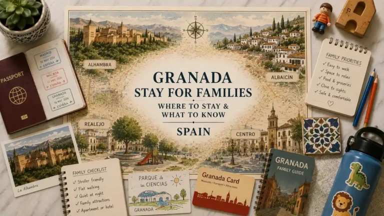 Granada family stay flat lay with an illustrated map, passport, Realejo and Centro labels, family checklist, and travel props.
