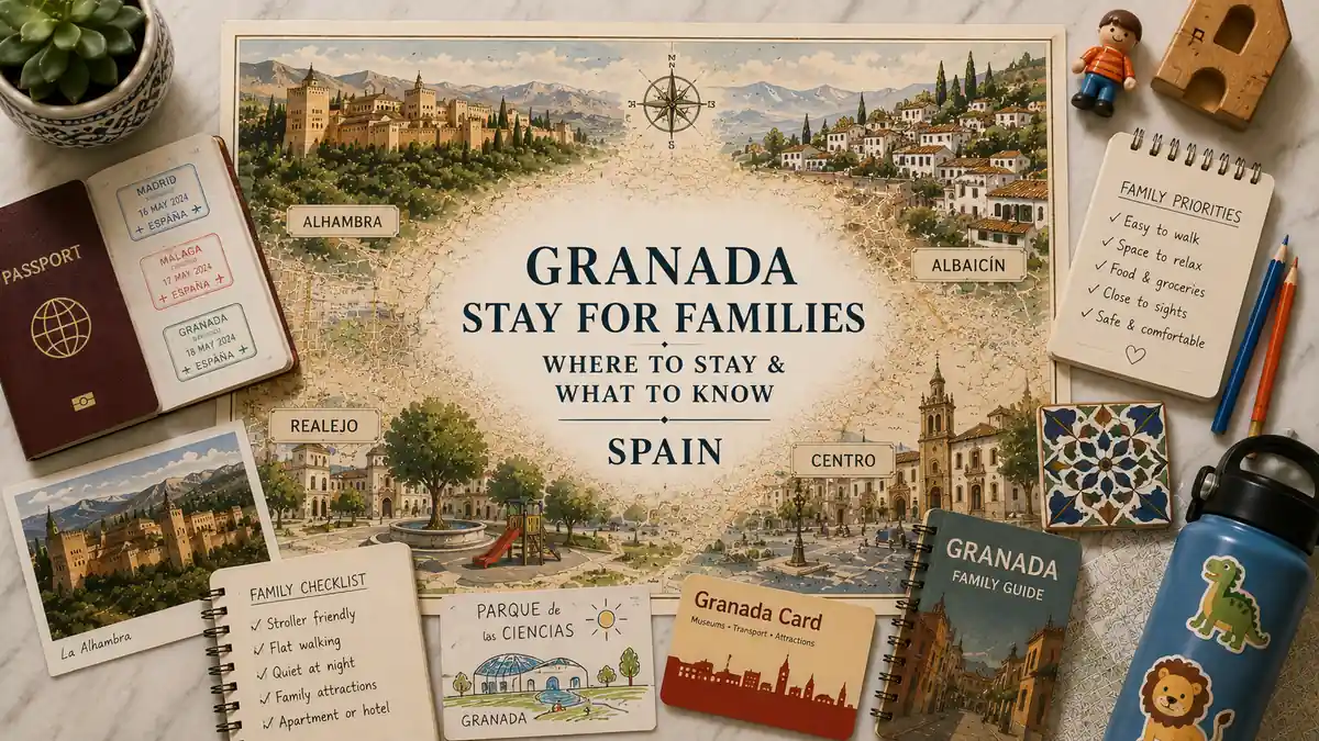 Where to Stay in Granada for Families 2 Granada family stay flat lay with an illustrated map, passport, Realejo and Centro labels, family checklist, and travel props.