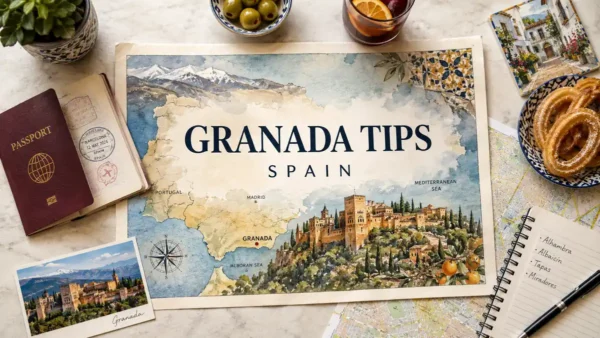 Granada Tips: What to Know Before Your First Visit 4 Overhead travel flat lay with a Granada map poster, passport, tapas notes, olives, churros, and Spanish travel props.