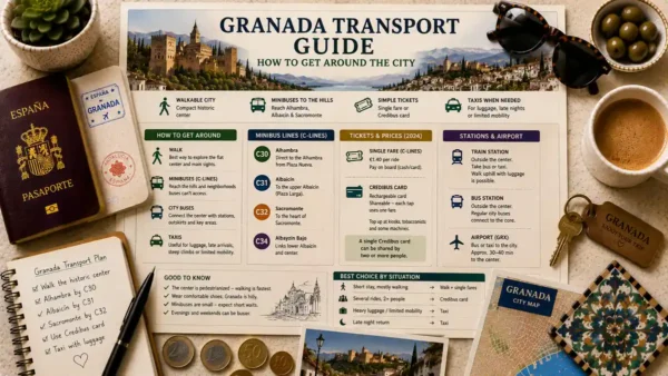 Getting Around Granada: The Transport Guide 10 Overhead travel flat lay with a Granada transport guide poster, passport, coffee, notebook, coins, room key, and city map.