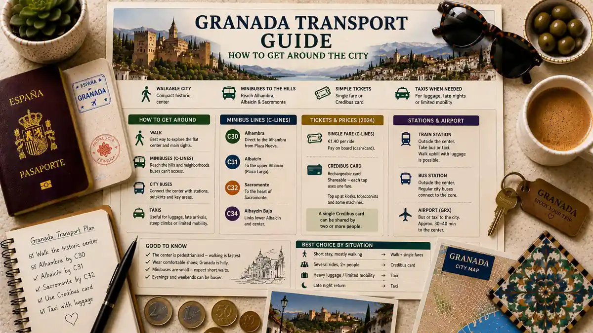 How to Get Around Granada 2 Overhead travel flat lay with a Granada transport guide poster, passport, coffee, notebook, coins, room key, and city map.