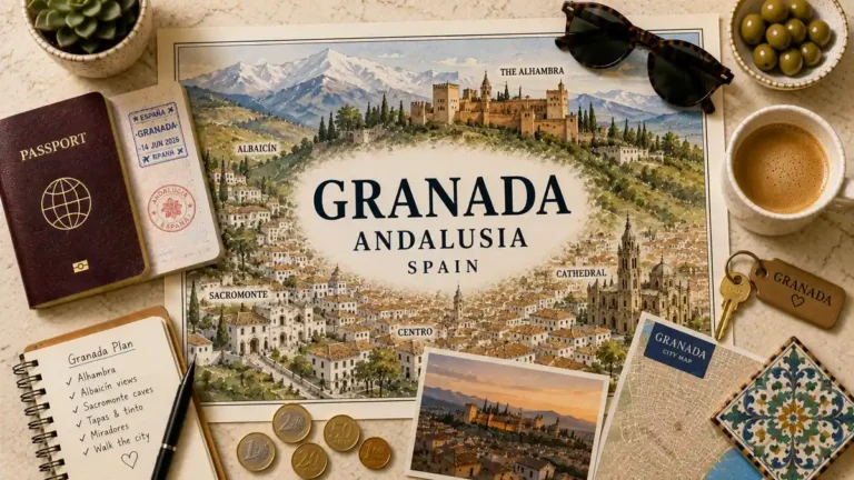 Overhead travel flat lay with a Granada map poster, passport, coffee, notebook, olives, room key, and city map.