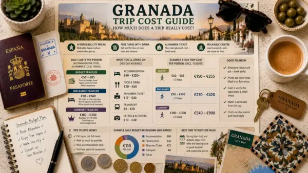 Granada Trip Cost: How Much to Budget by Travel Style 9 Overhead travel flat lay with a Granada trip cost guide poster, passport, coffee, notebook, coins, and city map.
