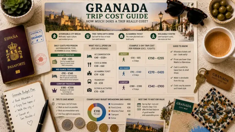 Overhead travel flat lay with a Granada trip cost guide poster, passport, coffee, notebook, coins, and city map.