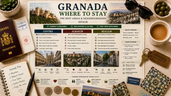 Where to Stay in Granada: The Best Areas to Base Yourself 6 Overhead travel flat lay with a Granada where-to-stay guide poster, passport, room key, coffee, notebook, coins, and city map.