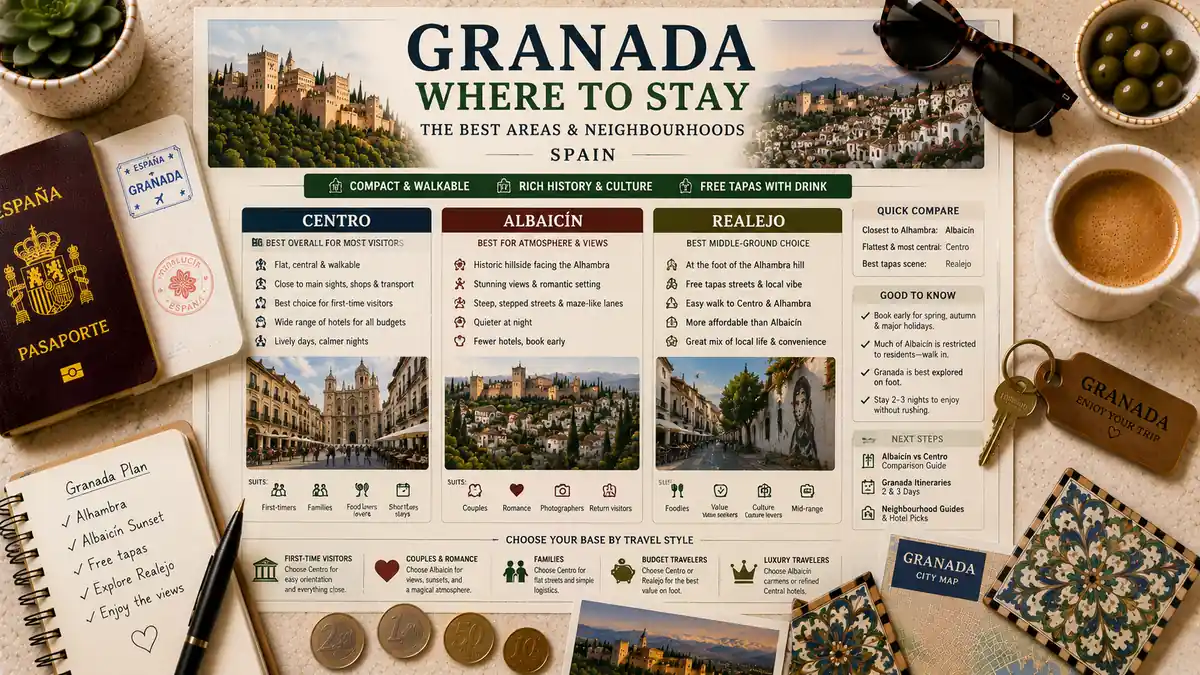 Where to Stay in Granada 2 Overhead travel flat lay with a Granada where-to-stay guide poster, passport, room key, coffee, notebook, coins, and city map.