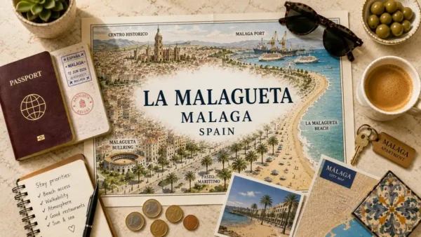 La Malagueta: Should You Stay in Malaga's Beach District? 4 Overhead travel flat lay with a La Malagueta Malaga beach map poster, passport, apartment key, coffee, notebook, and city map.