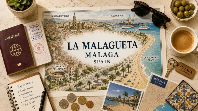 Overhead travel flat lay with a La Malagueta Malaga beach map poster, passport, apartment key, coffee, notebook, and city map.