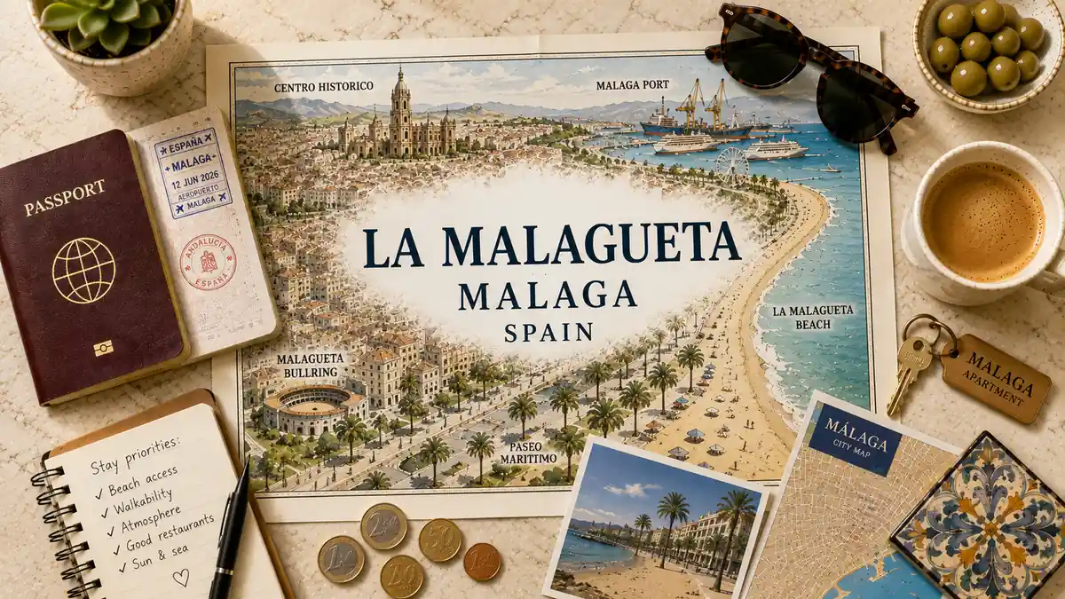 La Malagueta: Should You Stay in Malaga's Beach District? 2 Overhead travel flat lay with a La Malagueta Malaga beach map poster, passport, apartment key, coffee, notebook, and city map.