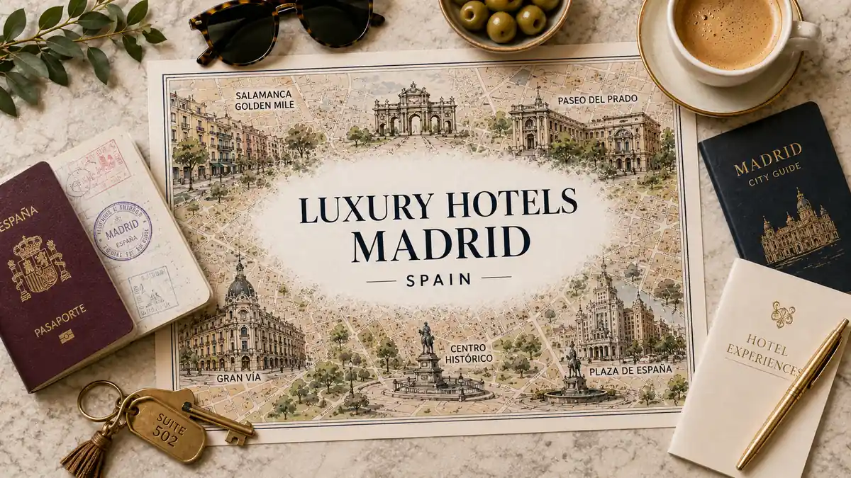Flat lay travel map of Madrid luxury hotel zones with a passport, coffee, olives, hotel notebook, and room key.