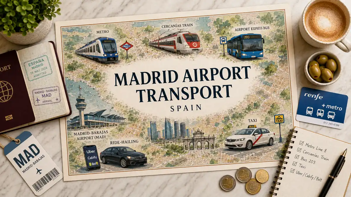 Madrid Airport Transport: Getting to the City Center 2 Flat lay Madrid airport transport map with passport, coffee, transit card, train, bus, and taxi icons.