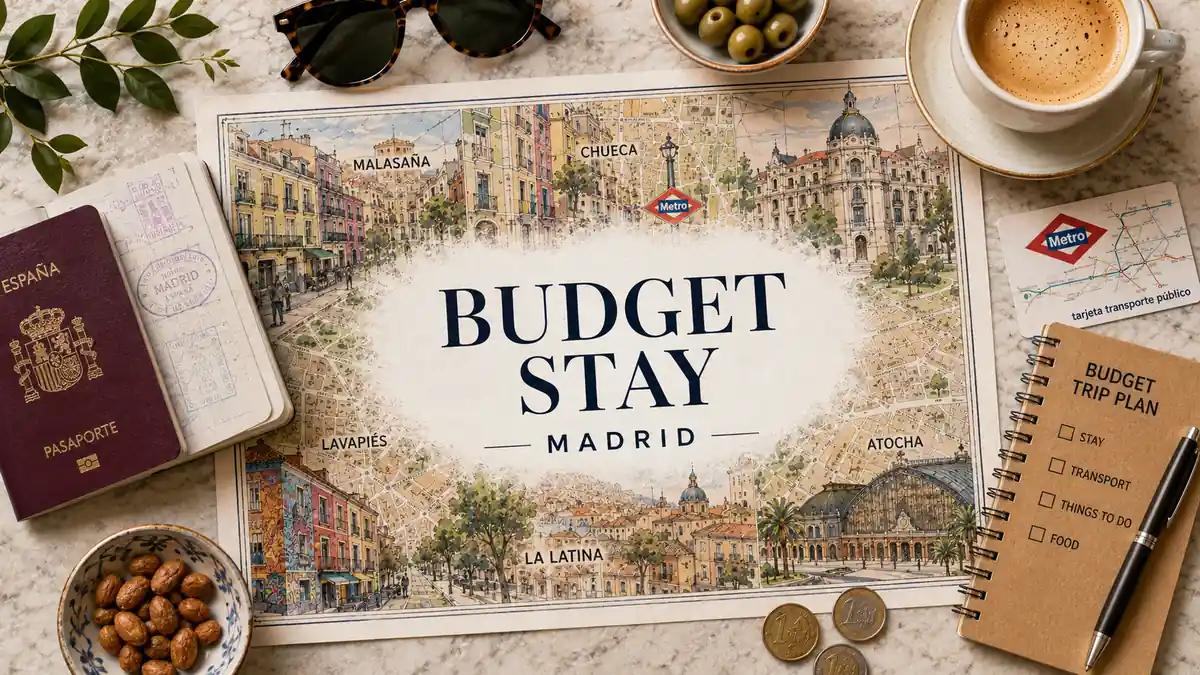 Where to Stay in Madrid on a Budget: Best Areas 2 Flat lay travel map of Madrid budget stay areas with a passport, coffee, notebook, metro card, and coins.