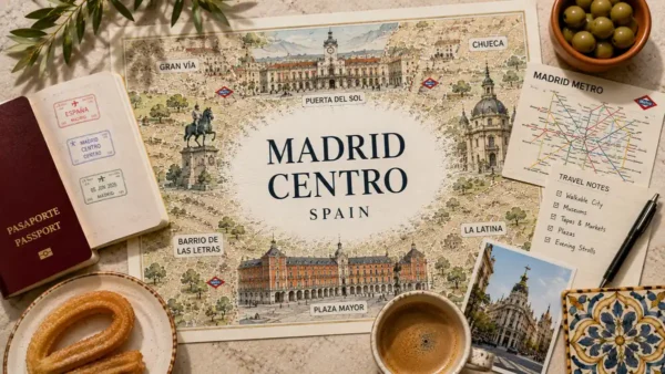Flat lay map of Madrid Centro with a passport, coffee, churro, metro card, travel notes, and neighborhood labels.
