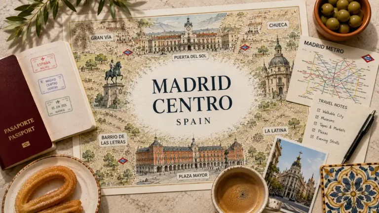 Flat lay map of Madrid Centro with a passport, coffee, churro, metro card, travel notes, and neighborhood labels.