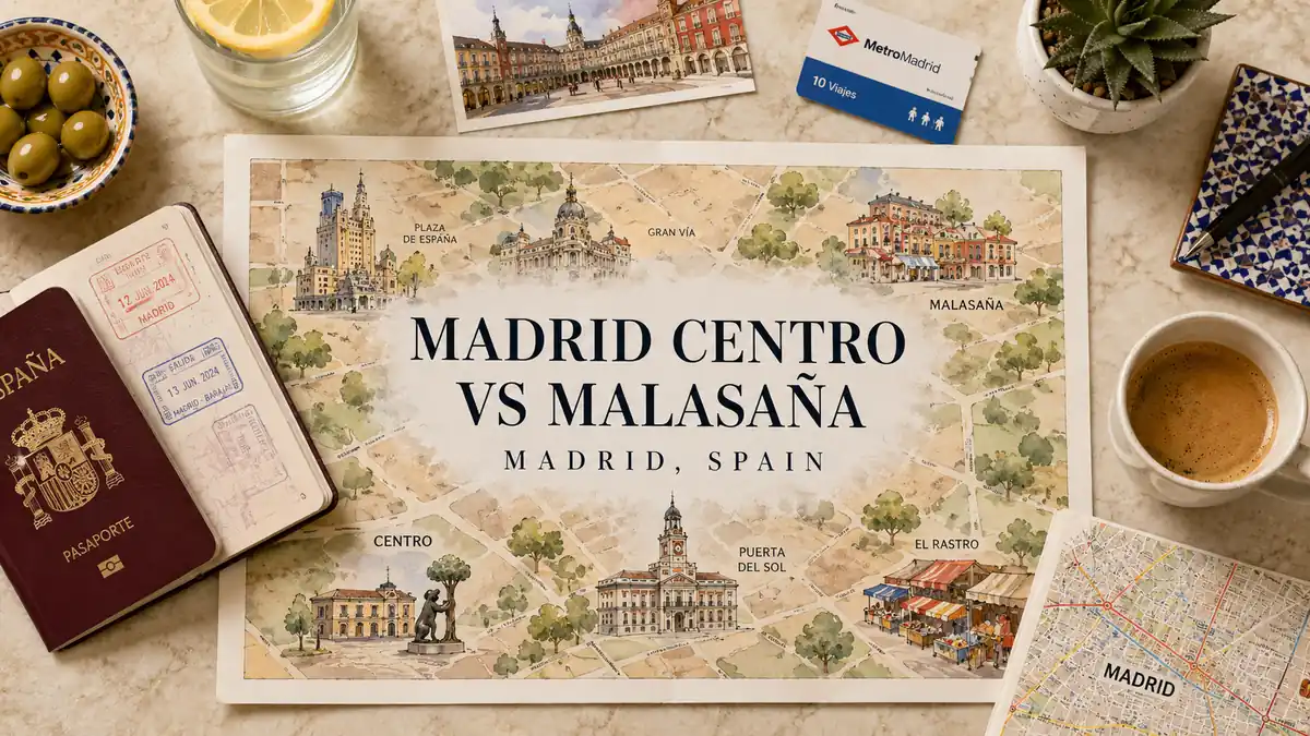 Flat lay travel map comparing Madrid Centro and Malasaña with a passport, metro card, coffee, olives, and postcards.