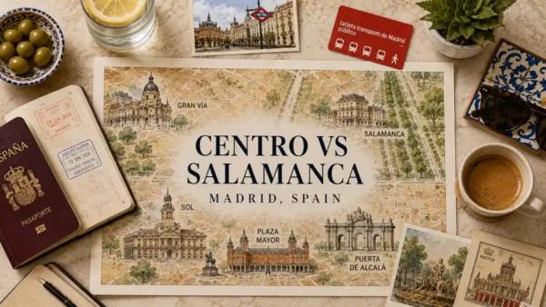 Madrid: Centro or Salamanca — Where to Stay 6 Flat lay travel map comparing Madrid Centro and Salamanca with a passport, metro card, coffee, olives, and postcards.