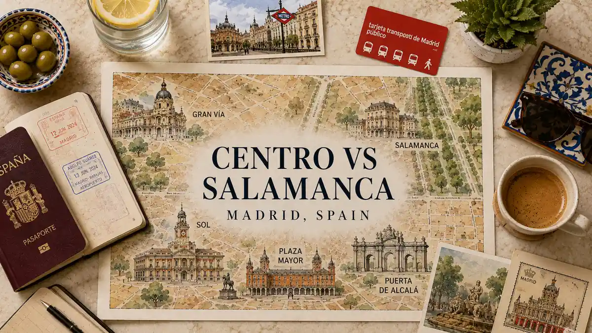 Flat lay travel map comparing Madrid Centro and Salamanca with a passport, metro card, coffee, olives, and postcards.