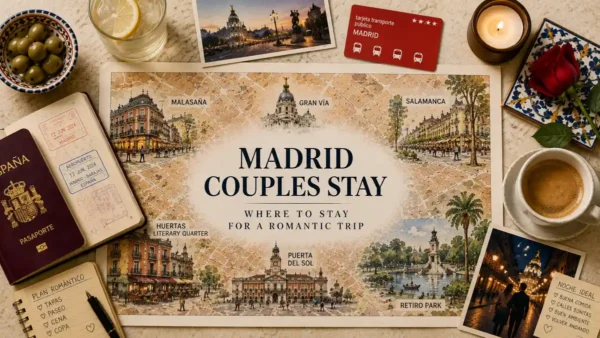 Flat lay travel map for Madrid couples stays with a passport, transit card, coffee, candle, rose, olives, and romantic planning notes.