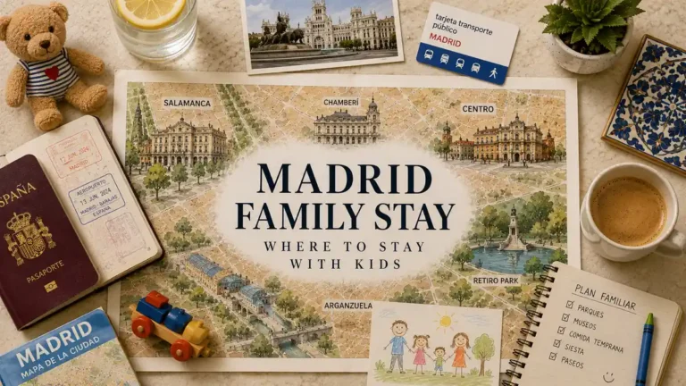 Flat lay travel map for Madrid family stays with a passport, toy bear, transit card, coffee, notebook, and child drawing.