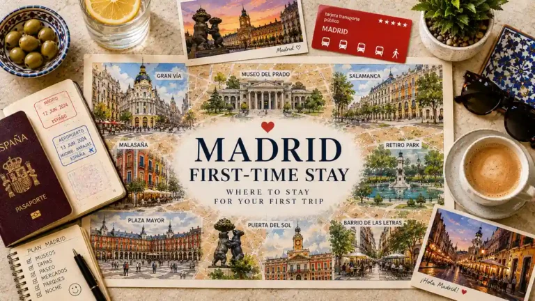 Flat lay travel map for first-time Madrid stays with a passport, transit card, coffee, olives, postcards, and planning notes.