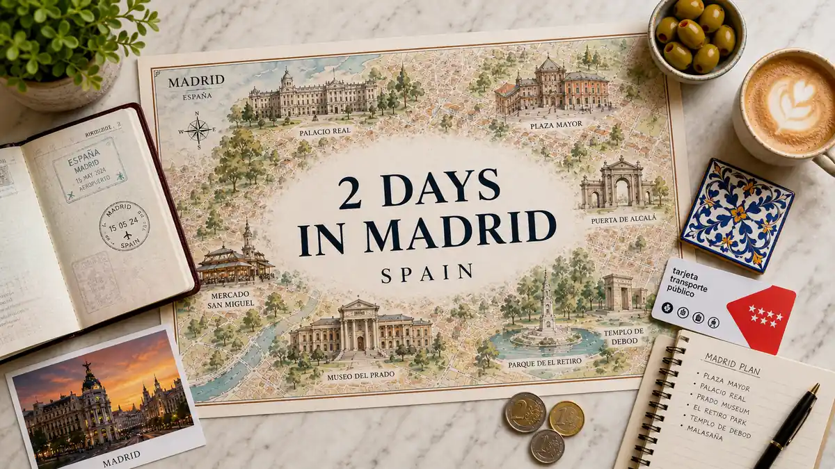2 Days in Madrid 2 Flat lay Madrid two-day itinerary map with passport, coffee, olives, transit card, and travel notes.