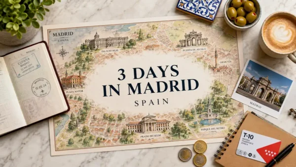 Flat lay Madrid itinerary map with passport, coffee, olives, transit card, and travel notes.