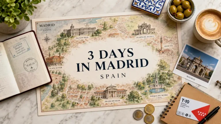 Flat lay Madrid itinerary map with passport, coffee, olives, transit card, and travel notes.