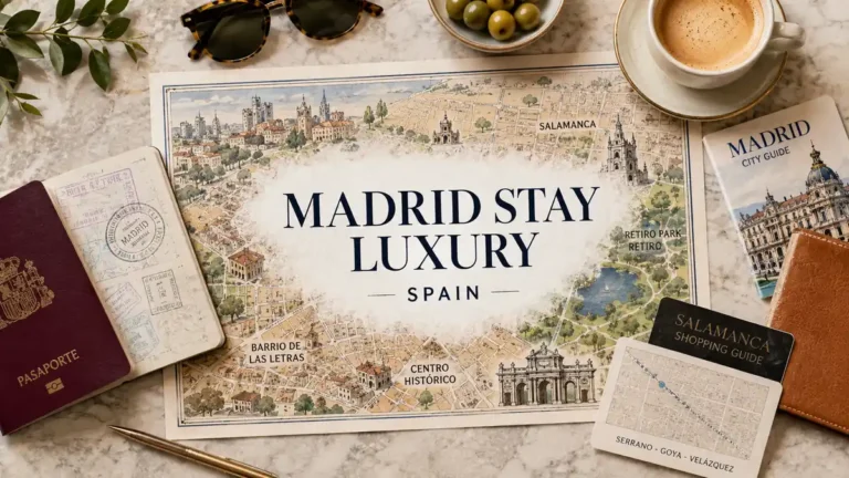 Flat lay travel map of Madrid luxury stay areas with a passport, coffee, olives, sunglasses, and shopping card.