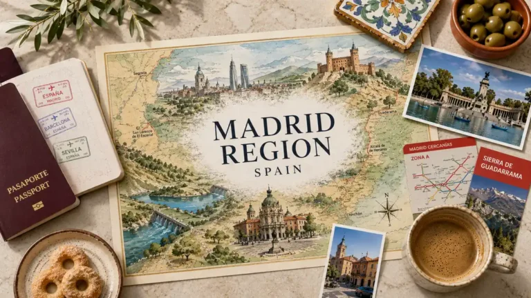Staying in Malasaña: Madrid's Coolest Base? 4 Flat lay travel map of Madrid with a passport, coffee, olives, city cards, and stay-planning details.