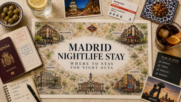 Flat lay travel map for Madrid nightlife stays with a passport, metro card, cocktail, olives, tapas, and planning notes.