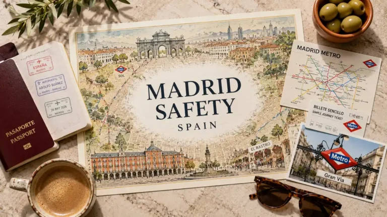 Flat lay travel map of Madrid with a passport, coffee, sunglasses, metro-planning cards, and safety details.