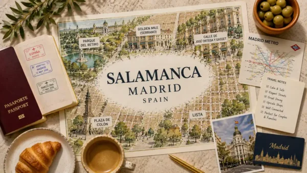 Flat lay map of Madrid Salamanca with a passport, coffee, croissant, metro map, travel notes, and Golden Mile details.