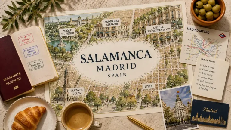 Flat lay map of Madrid Salamanca with a passport, coffee, croissant, metro map, travel notes, and Golden Mile details.