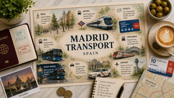 Getting Around Madrid: Metro, Buses & Tickets 8 Flat lay Madrid transport map with passport, coffee, olives, transit card, bus, metro, taxi, and city map.