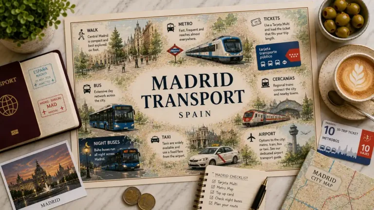 Flat lay Madrid transport map with passport, coffee, olives, transit card, bus, metro, taxi, and city map.
