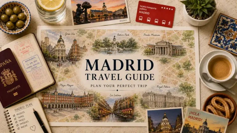 Madrid Travel Guide: How to Plan Your Visit 6 Flat lay travel map for a Madrid travel guide with a passport, transit card, coffee, olives, churros, and postcards.
