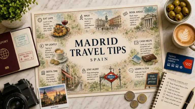 Flat lay Madrid travel tips map with passport, coffee, olives, transit card, notebook, and checklist.