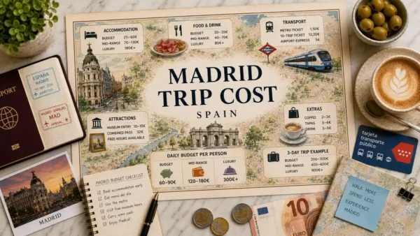 Madrid Trip Cost: How Much to Budget 10 Flat lay Madrid trip cost map with passport, coffee, olives, euro cash, coins, transit card, and budget notes.