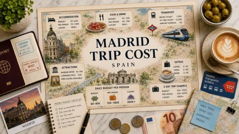 Flat lay Madrid trip cost map with passport, coffee, olives, euro cash, coins, transit card, and budget notes.
