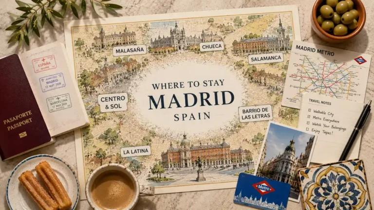 Flat lay map of Madrid neighborhoods with a passport, coffee, churros, metro card, and travel notes.