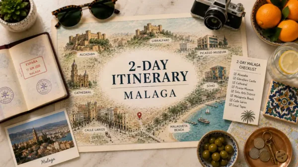 2 Days in Malaga: The Perfect Itinerary 7 Flat lay Malaga 2-day itinerary map with passport, checklist, citrus, olives, coins, tile, and city route planning props.