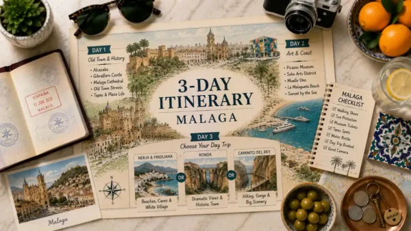 3-Day Malaga Itinerary: Old Town, Beach and a Day Trip 8 Flat lay Malaga 3-day itinerary map with passport, checklist, citrus, olives, coins, tile, and day-trip planning props.