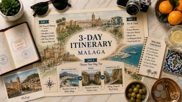 Flat lay Malaga 3-day itinerary map with passport, checklist, citrus, olives, coins, tile, and day-trip planning props.