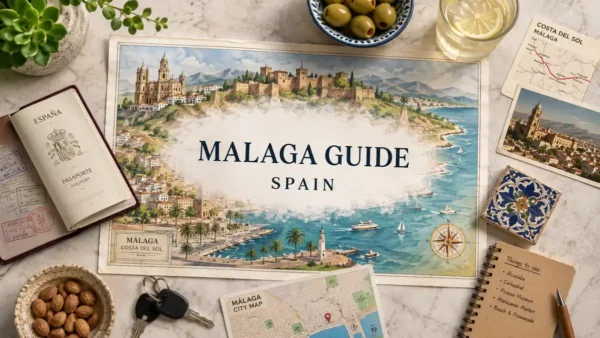 Flat lay travel map for a Malaga guide in Spain with a passport, olives, city maps, and coastal postcards.