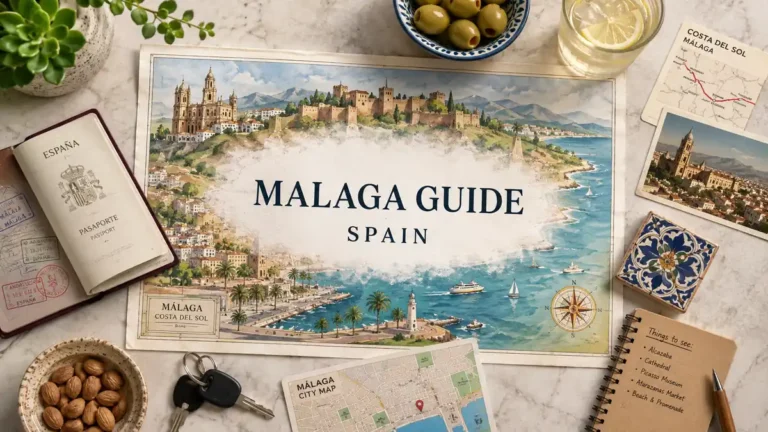 Flat lay travel map for a Malaga guide in Spain with a passport, olives, city maps, and coastal postcards.